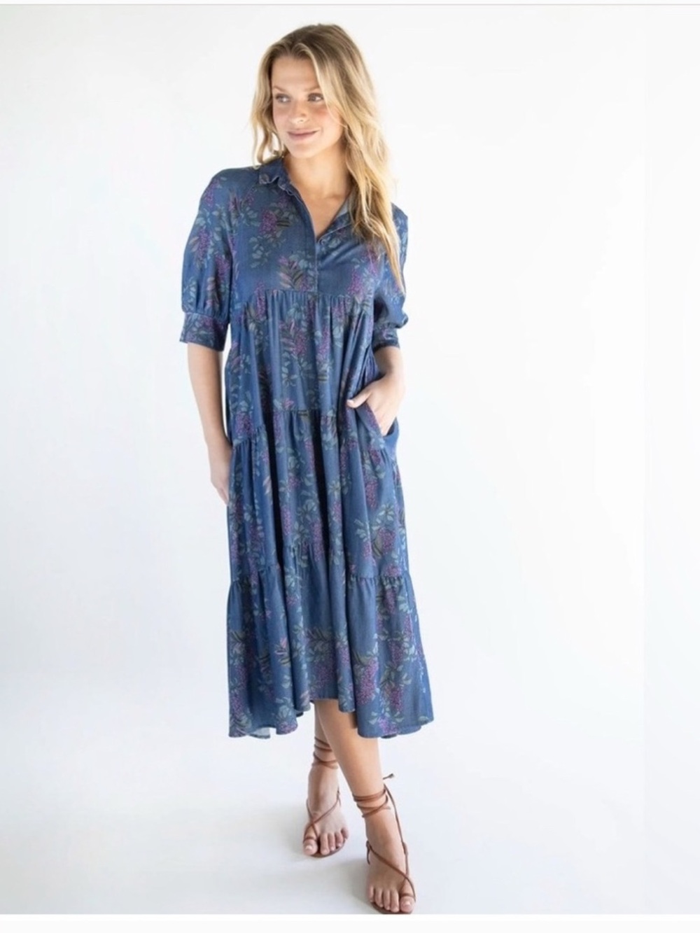 NATURAL LIFE Women’s Large Rebecca Midi Dress Blue Floral Collar Tiered Pockets